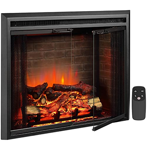 PuraFlame Klaus Electric Fireplace Insert with Fire Crackling Sound, Glass Door and Mesh Screen, 750/1500W, Black, 33 1/16 Inches Wide, 25 9/16 Inches High