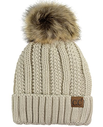 C.C Thick Cable Knit Faux Fuzzy Fur Pom Fleece Lined Skull Cap Cuff Beanie, Beige