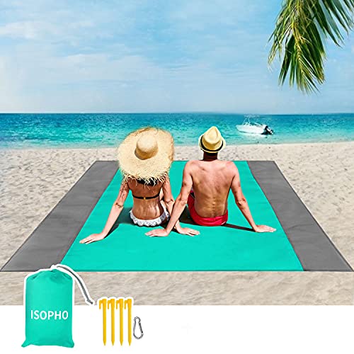 ISOPHO Beach Blanket, 79''×83'' Picnic Blankets Waterproof Sandproof for 4-7 Adults, Oversized Lightweight Beach Mat, Portable Picnic Sand Proof Mat for Travel, Camping, Hiking, Packable w/Bag