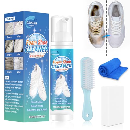 White Shoe Cleaner, 6.76 Oz Shoe Cleaning Kit Removes Dirt and Stain, Shoe Cleaner Sneakers Kit with Brush and Towel, Shoe Cleaner Work on White Shoes, Leather, Knit, Boots, Canvas, Suede, PU, Fabric.