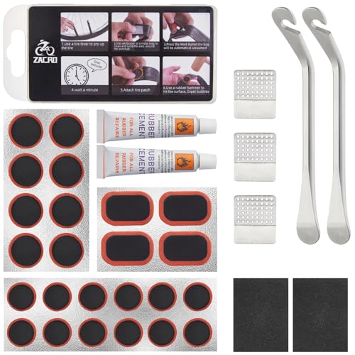 Zacro 34 PCS Bike Tire Repair Kit, with 24 PCS Vulcanizing Patches & 2 Premium Stainless Steel Levers, Metal Rasp - Bicycle Inner Flat Tube Patch Kit for Mountain MTB BMX Road Cycling Ebike Scooter