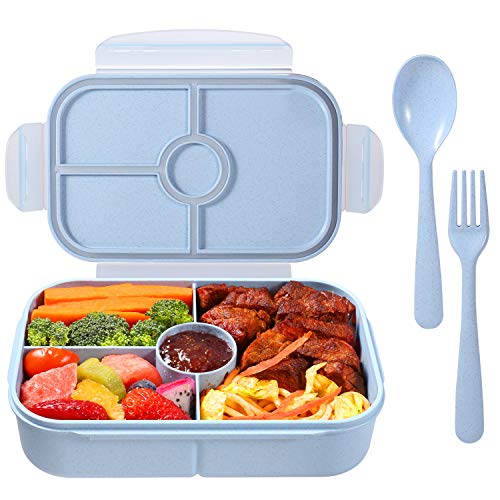 Jeopace Bento Box for Kids Lunch Containers with 4 Compartments Kids Bento Lunch Box Microwave/Freezer/Dishwasher Safe (Flatware Included,Light Blue)