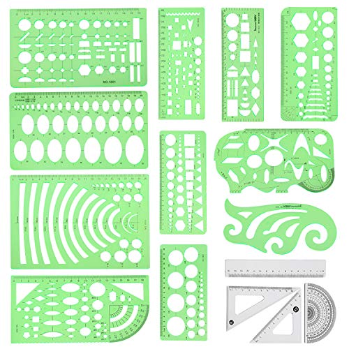 Angrox Geometric Drawings Templates Measuring Geometry Rulers 15 Pcs with 1 Pack File Bag for Design School Studying Office Building…
