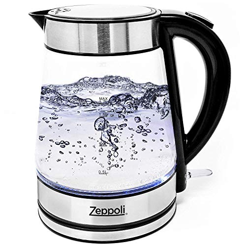 Zeppoli Electric Kettle - Stainless Steel Glass Tea Kettle with Speed Boil & Auto Shutoff - Hot Water Boiler/Heater (1.7L) & Boil-Dry Protection - Cordless & Portable with LED Indicator