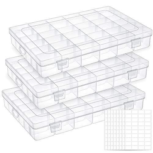 UOONY 3 Pack 36 Grids Plastic Organizer Box Craft Storage with Adjustable Dividers, Bead Organizer Container Clear Storage Box for Fishing Tackles Crafts Jewelry Thread with 400pcs Label Stickers