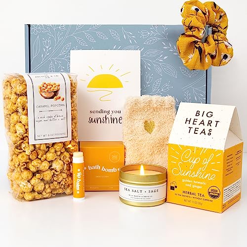 Unboxme Sunshine Gift For Women | Self Care Package with Herbal Tea, Popcorn, Bath Bomb, Candle, Fluffy Socks, Lip Balm, Scrunchie & Sending Sunshine Card