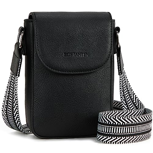 BOSTANTEN Small Crossbody Bags for Women Trendy Leather Phone Wallet Purses Handbags Adjustable Guitar Strap Black