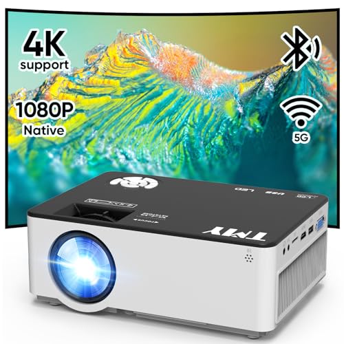TMY Native 1080P Projector with 5G WiFi and Bluetooth 5.1, 4K Supported Mini Projector, Portable Projector Compatible with TV Stick/Phone/PC/DVD/HDMI/AV/USB/SD, Outdoor Movie Projector