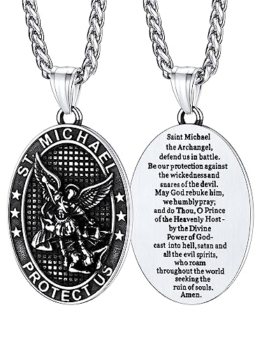 FaithHeart Saint Michael Oval Necklace Stainless Steel Religious Protector Pendant Archangel Jewelry Catholic Gifts for Men Male