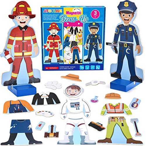Atoylink Wooden Magnetic Dress up Dolls Pretend Play Set 40+ Pcs Occupations Community Helpers Matching Games Fridge Magnets for Toddlers Preschool Learning Toys Boys Birthday Gifts