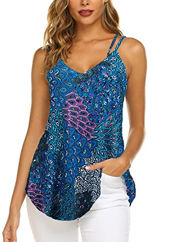 Women's Casual Spaghetti Strap Floral Tank Tops Summer Paisley Sleeveless Shirts Beach Wear Plus Size (Blue, XL)