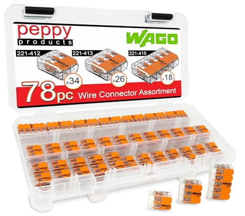 WAGO 221 Lever Nuts 78pc Compact Splicing Wire Connector Assortment with Case. Includes (34x) 221-412, (26x) 221-413, (18x) 221-415
