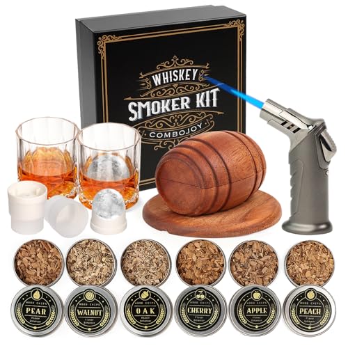 Whiskey Smoker Kit with Torch - 6 Flavors Wood Chips, 2 Glasses, 2 Ice Ball Molds - Cocktail Smoker Infuser Kit, Old Fashioned Drink Smoker Kit, Birthday Bourbon Whiskey Gifts for Men,Dad(NO Butane)