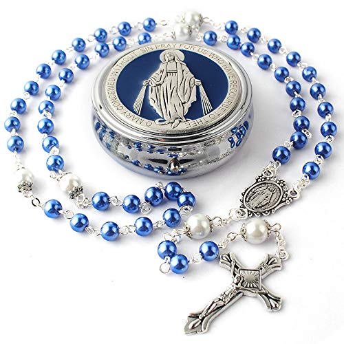 HanlinCC 6mm Glass Pearl Beads with 8mm Our Father Beads with Caps Rosary Necklace Pack in Miraculous Metal Gift Box (Blue Rosary with Miraculous Gift Box)