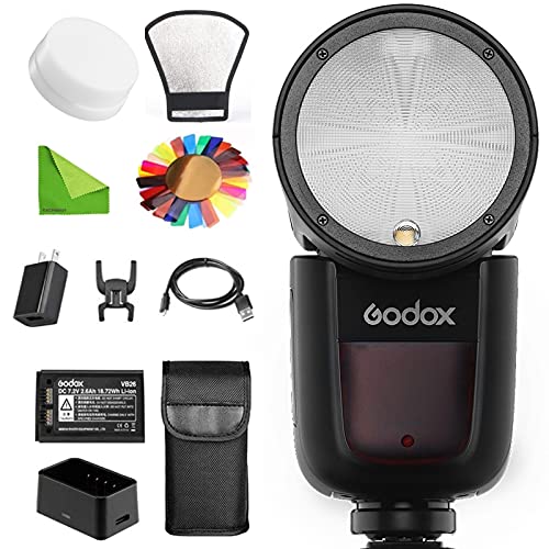 GODOX V1-N Flash for Nikon Flash Speedlite Speedlight, 76Ws 2.4G TTL Round Head, 1/8000 HSS, 480 Full Power Shots, 1.5s Recycle Time, 2600mAh Lithium Battery w/Diffuser Reflector Color Filters