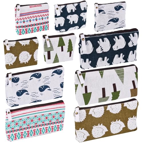 Koogel 10 Packs Canvas Zipper Pencil Bags, 5 Style Pencil Case Pouch Bag Small Cosmetic Makeup Bags Coin Purse Multifunctional Cosmetic Makeup Bag Small Pouches for Purse