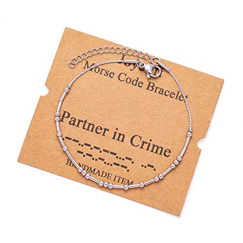 JoycuFF Partner in Crime Morse Code Bracelets for Best Friend Mom Coworker Sister Daughter Inspirational Birthday Mother's Thanksgiving Day Gifts for Women Teen Girls Fashion Silver Chain Bracelet