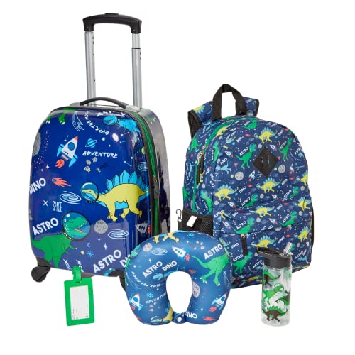 RALME 5 Pc. Boys’ Dinosaur Space Rolling Suitcase Set with Backpack, Neck Pillow, Water Bottle, and Luggage