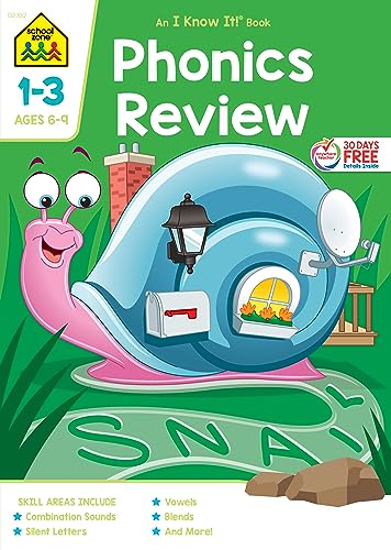 School Zone - Phonics Review 1-3 Workbook - 64 Pages, Ages 6 to 9, Grades 1 to 3, Combination Sounds, Short Letters, Vowels, and More (School Zone I Know It! Workbook Series)