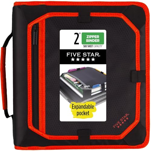 Five Star Zipper Binder, 2 Inch 3-Ring Binder for School, Expansion Panel, 580 Sheet Capacity, Red/Black (29052CE8)