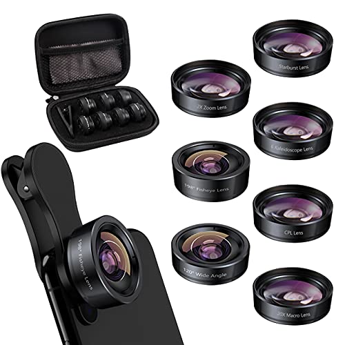 KEYWING Upgraded Phone Lens Kit 7in1 Kits Fisheye Lens, 2X Telephoto Lens+198° Fish Eye +120° Wide Angle + 20X Macro Lens + CPL + Kaleidoscope +Starburst for iPhone 11 12 13 X Xr pro Samsung etc