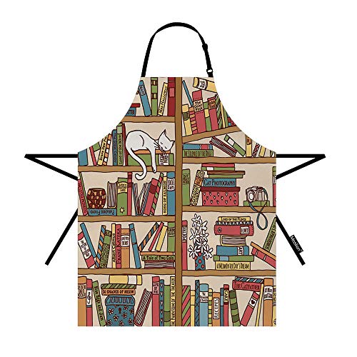Moslion Book Apron 31x27 Inch Cartoon Bookshelf with Cute Sleeping Cat Kitten in Library Kitchen Chef Waitress Cook Aprons Bib with Adjustable Neck for Women Men Girls