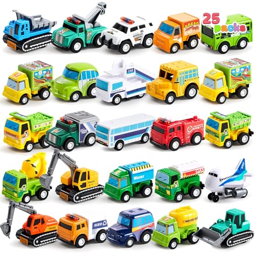 JOYIN 25 Pieces Pull Back Cars and Trucks Toy Vehicles Set for Toddlers, Girls and Boys Kids Play Set, Die-Cast Car Set, Kids Party Favors, Stocking Stuffers, Kids Presents Toys