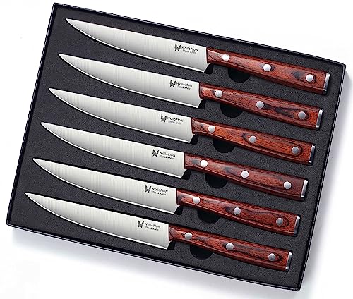 WALLOPTON Steak Knives Set of 6 - Ultra Sharp Easy to Hold - Full Tang Wood Handle High Carbon Stainless Steel, Straight Edge Non Serrated - 5'' Kitchen Dinner Knife Cutlery Set in Gift Box