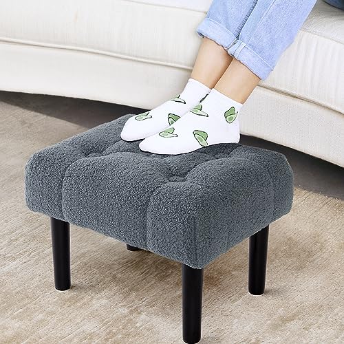 HOUCHICS Fur Padded Foot Stool, Small Ottoman Foot Rest with Wooden Legs,Modern Rectangle Chair Foot Rest Foot Step Stool for Living Room, Couch, Desk(Grey)