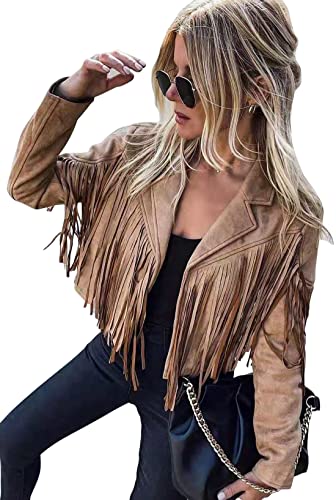 chouyatou Women's Fashion Notched Collar Open-Front Fringed Performance Moto Faux Suede Leather Crop Jacket Coat (Medium, Camel)