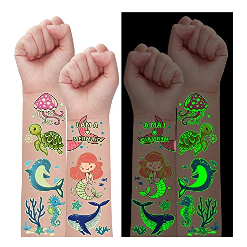 Partywind 330 Styles (30 Sheets) Glow Ocean Themed Temporary Tattoos for Kids, Luminous Under Sea/Beach/Pool Party Supplies Favors, Fake Tattoo Stickers for Boys and Girls Gifts