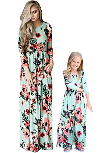 FLITAY Women's Mommy and Me Loose Dress Chevrtank Floral Dress Floral Green Long Sleeve Small