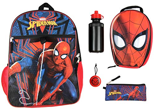 Marvel Spider-Man Backpack Kids 16' 5PC Water Bottle School Combo Set