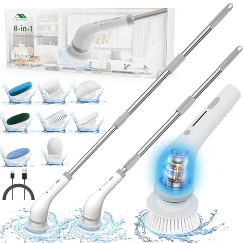 Lefree Electric Spin Scrubber, Cordless Cleaning Brush with 8 Replaceable Brush Heads. 2 Speeds Power Scrubber Brush for Bathroom, Tub, Floor, Tile.