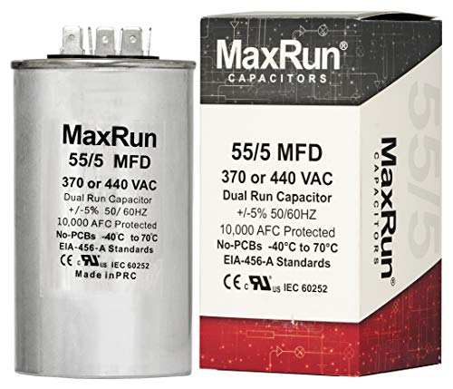 MAXRUN 55+5 MFD uf 370 or 440 Volt VAC Round Dual Run Capacitor for Air Conditioner or Heat Pump Condenser - 55/5 Microfarad Runs AC Motor and Fan - 1 Year Warranty