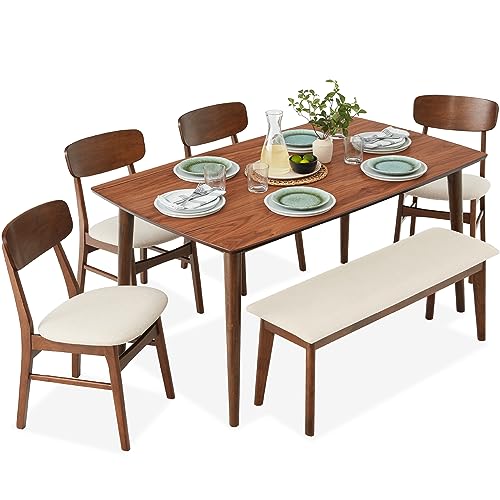 Best Choice Products 6-Piece Dining Set, Mid-Century Modern Wooden Table & Upholstered Chair Set for Home, Kitchen, Dining Room w/ 4 Chairs, Bench Seat, Rubberwood Legs