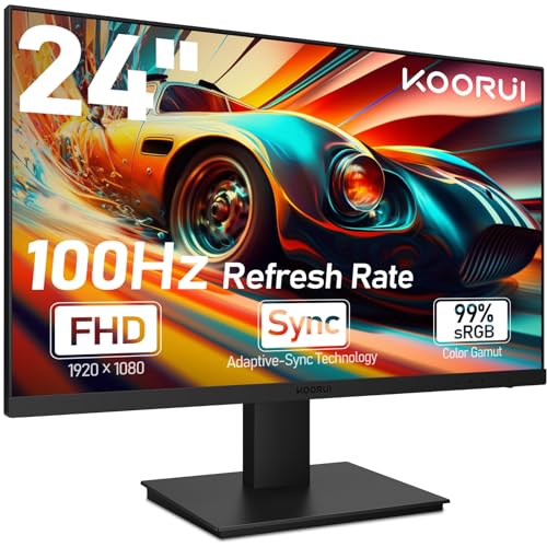 KOORUI 24 Inch Computer Gaming Monitor FHD 1920 x 1080p 100Hz, Built-in Speakers, Ultra-Slim Bezels, 75 x 75 mm VESA Mountable, Adjustable Tilt, HDMI, VGA, 3 Year Warranty, Black