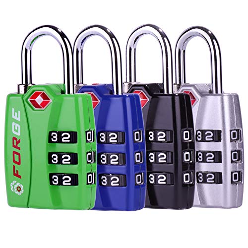 Forge Luggage Locks TSA Approved 4 Pack 4 Colors, Small Combination Lock with Zinc Alloy Body, Open Alert, Easy Read Dials, for Travel Suitcase, Bag, Backpack, Lockers.