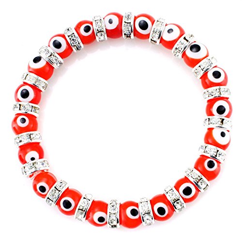 JEWELRIESHOP Turkish Evil Eye Bracelet Murano Glass Beads Beaded Clear Crystal Spacer Bracelet for Women Girls (8mm Red Eye Beads)