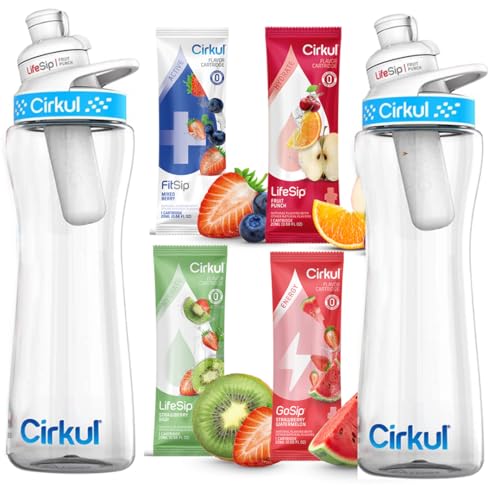 Cirkul 22 oz Professional Hydration Water Bottle Kit with Blue Lid and 2 Flavor Cartridges - 2-Pack Bundle - Perfect for Sharing with Family (Total Include 2 Bottle, 2 Lid, 4 Flavors Cartridges)