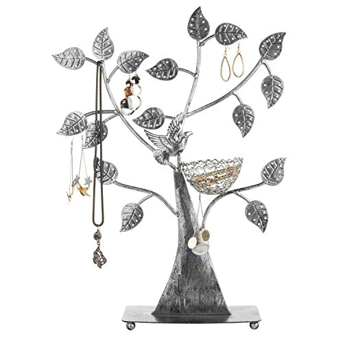 MyGift Silver Metal Jewelry Tree with Bird Nest - Holds up to 48 pair Earrings