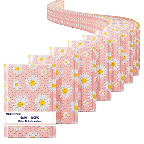Metronic Bubble Mailers 6x10 Inch 100 Pack, Pink Poly Self-Seal Strong Adhesion Small Bubble Mailers,Cute Padded Mailers for Mailing Jewelry,Makeup,Small items, Fancy Daisies Bulk#0