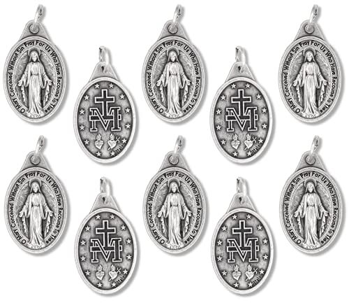 Caritas et Fides Bulk Pack of 10 - Miraculous Medal Pendant for Necklace -1' Oval Silver Oxidized Miraculous Medals Pendant for Necklace, Medals for Jewelry Catholic, Made in Italy