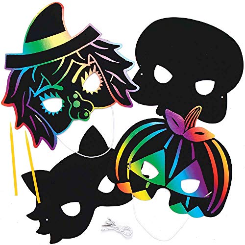 Baker Ross AX228 Halloween Scratch Art Masks - Pack of 8, Halloween Decorations, Ideal for Kids to Design and Decorate