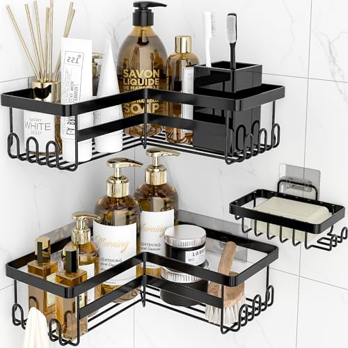 StorageRight Corner Shower Caddy, 3 Pack Adhesive Bathroom Accessories with Soap Holder, Storage Stainless Shower Organizer Shelf with Hooks, No Drilling Shower Shelves for Bathroom, Dorm and Kitchen