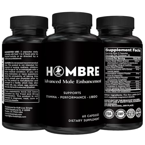 Hombre Male Enhancing Supplement – Add 2 in 60 Days With Our Enlargement Pills for Men Muscle Growth – Increase Size, Strength, Stamina – Endurance, Performance, Energy Booster - 60 Capsules