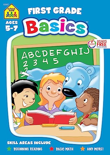 School Zone - First Grade Basics Workbook - 96 Pages, Ages 5 and Up, 1st Grade, Phonics, Vowels, Beginning Reading, Math, Telling Time, Money, and More (School Zone Basics Workbook Series)