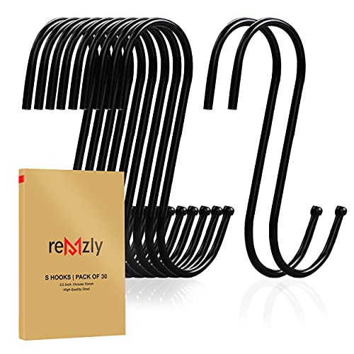 Remzly 30 Pack S Hooks for Hanging 3.5 Inch - Heavy Duty Carbon Steel Hangers for Kitchen Utensils Plants Pot Pan Cups Towels – Black