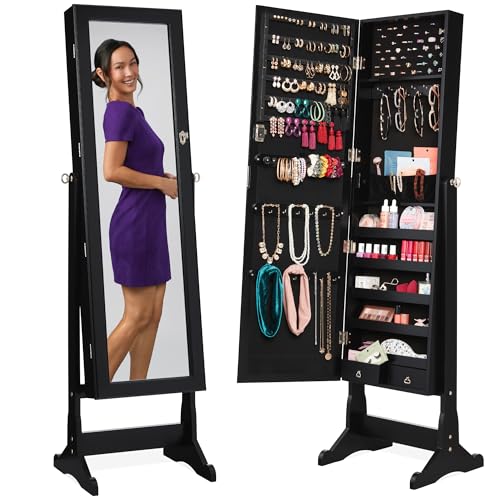 Best Choice Products Freestanding Jewelry Armoire Cabinet, Full Length Standing Mirror, Lockable Makeup Storage Organizer, w/Velvet Lining, 3 Angles, Lock, Accessory Pouch, 5 Shelves - Black