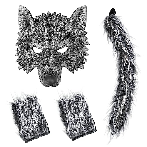 Wolf Mask with Wolf Tail and Gloves, Wolf Costume and Werewolf Mask for Mens Women Kids Halloween Party Dress Up, Cosplay (Grey)